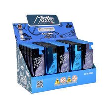 Display box of 25pcs Matteo electronic lighters with blue and black design on a white background.
