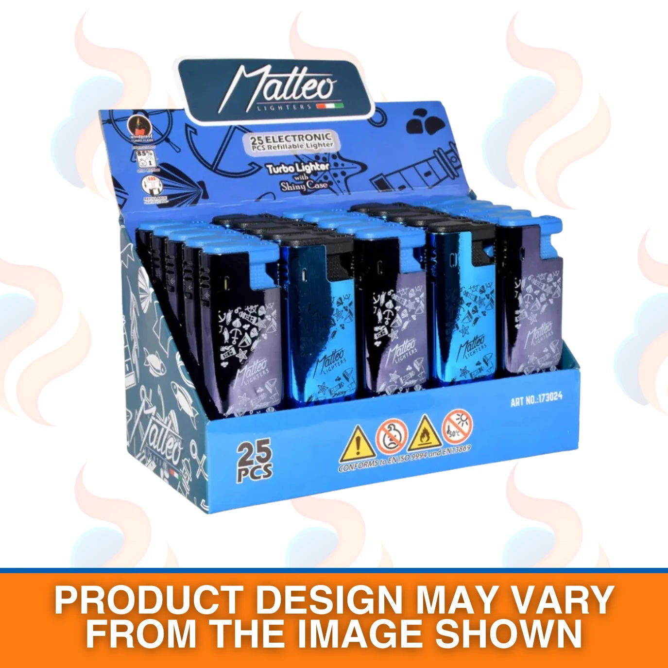 Display box of 25pcs Matteo electronic lighters with blue and black design on a white background.