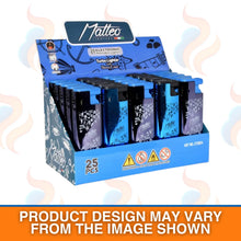 Display box of 25pcs Matteo electronic lighters with blue and black design on a white background.