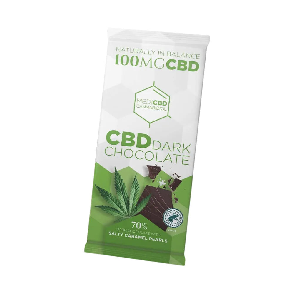CBD dark chocolate packaging with green and white design on a white background