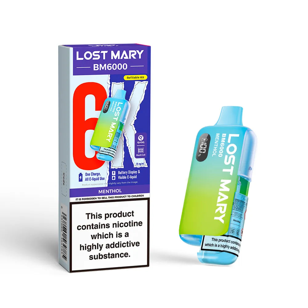 Lost Mary BM6000 vape kit in "Menthol" flavour with colourful packaging on a white background.