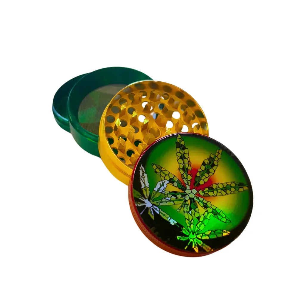 Three-layered reggae-inspired grinder with colourful design on a white background