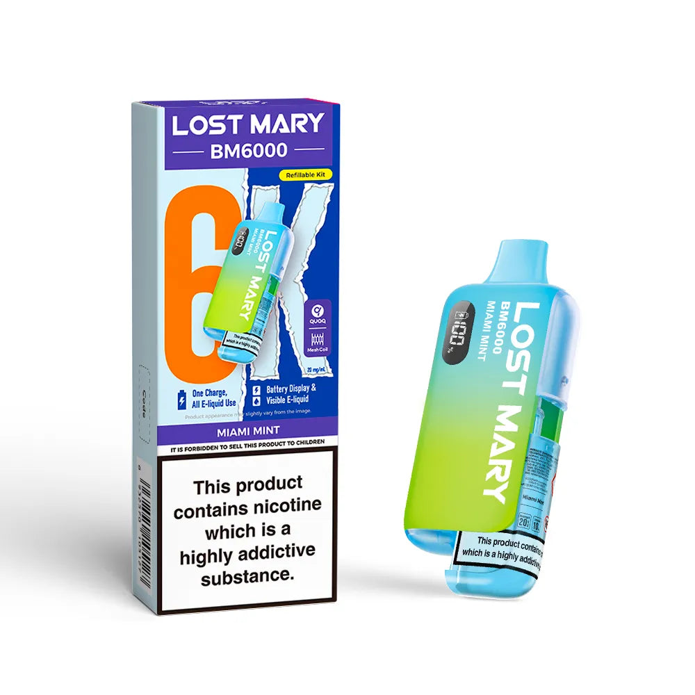 Lost Mary BM6000 vape device packaging with nicotine warning label on a white background