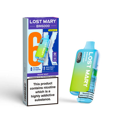Lost Mary BM6000 vape device packaging with nicotine warning label on a white background