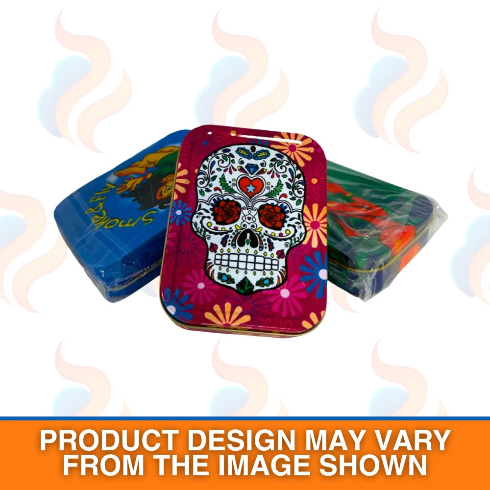 Metal Baccy Tins – Patterned Tobacco Storage Tins on a white background