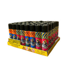 Display box of 48 Monkey King Clipper lighters with colourful packaging on a white background