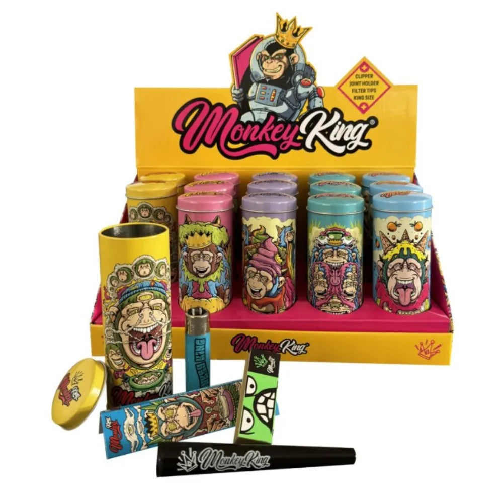 Monkey King colourful display with tins and smoking accessories on a white background.