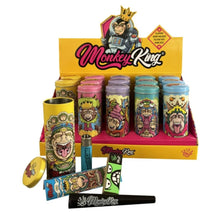 Monkey King colourful display with tins and smoking accessories on a white background.