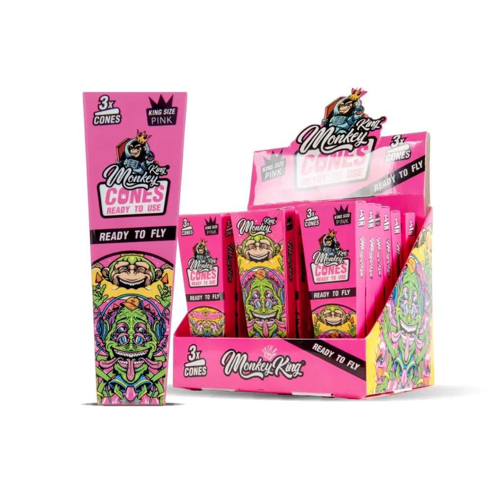 Monkey King king-size pre-rolled cones in a pink display box on a white background