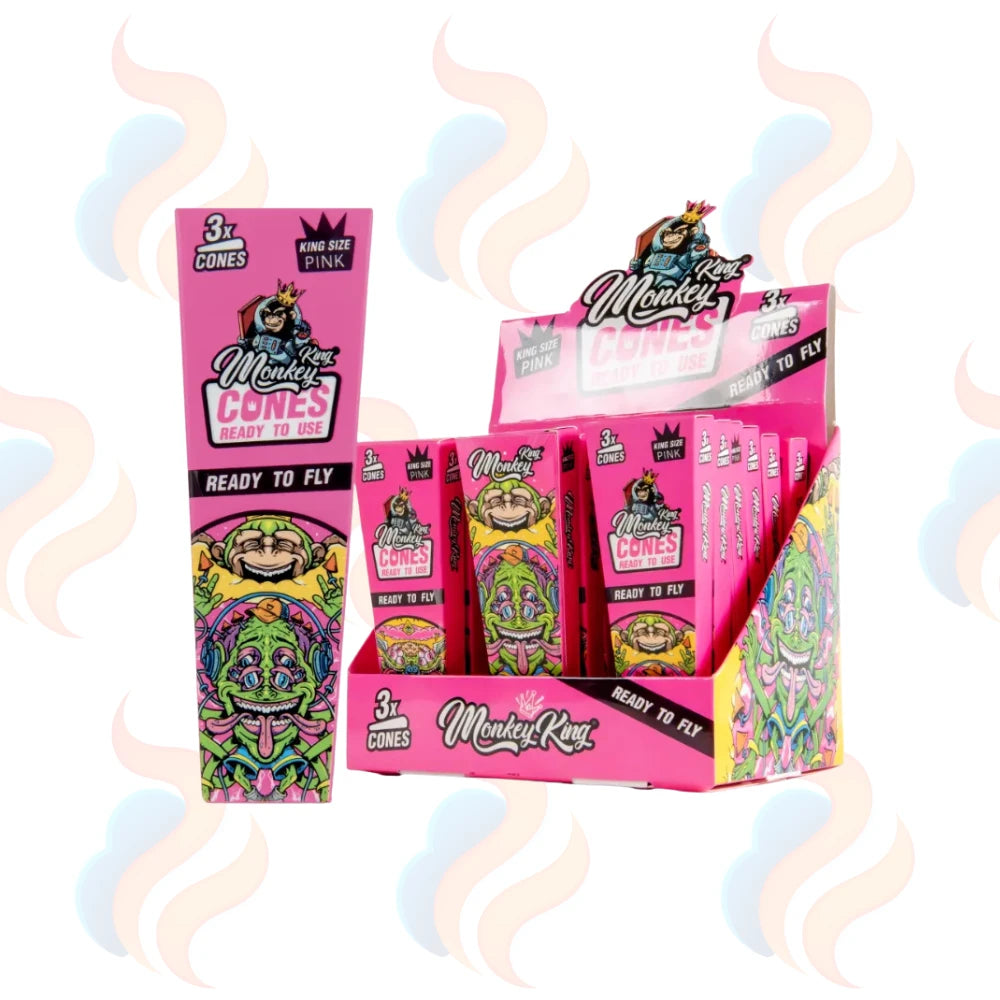 Monkey King Pre-Rolled Cones – King Size Natural Cones with Tray (Box of 18) on a white background