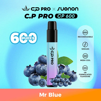 Suonon x CP Pro CP600 vape device with mr blue flavour on a colourful gradient background