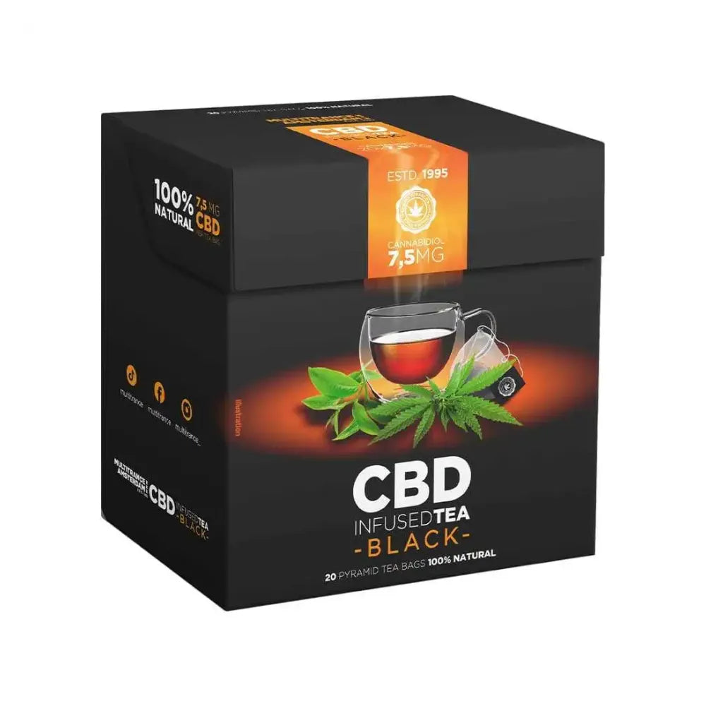 Box of CBD Infused Black Tea with tea bag imagery on a white background