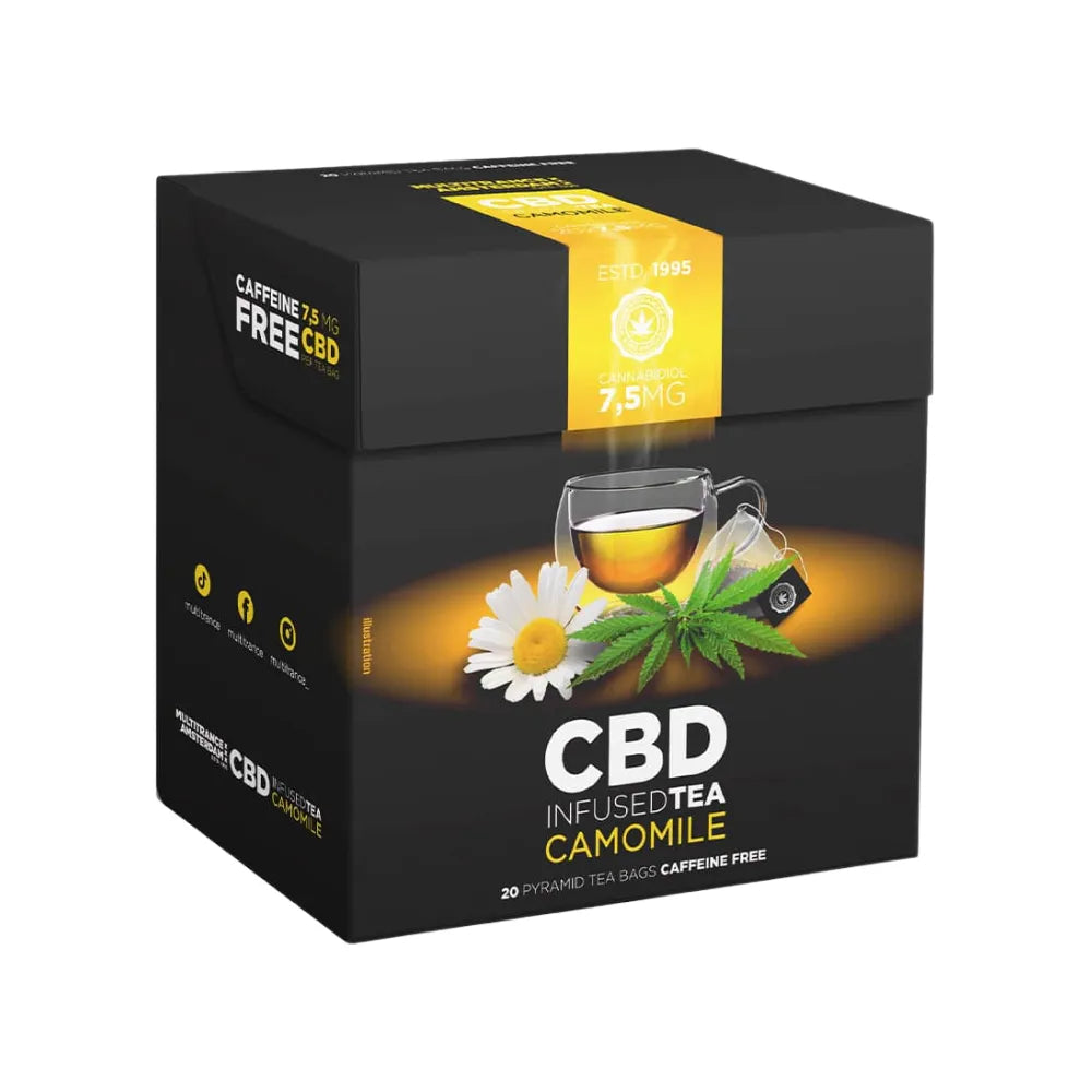 CBD Infused Tea Camomile packaging with tea bag illustration and tea cup on a black background