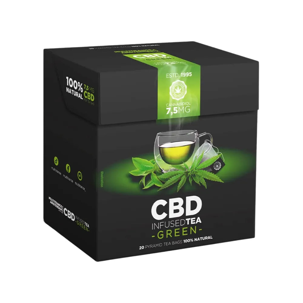 Box of CBD Infused Green Tea with green leaf and tea cup graphics on a black background