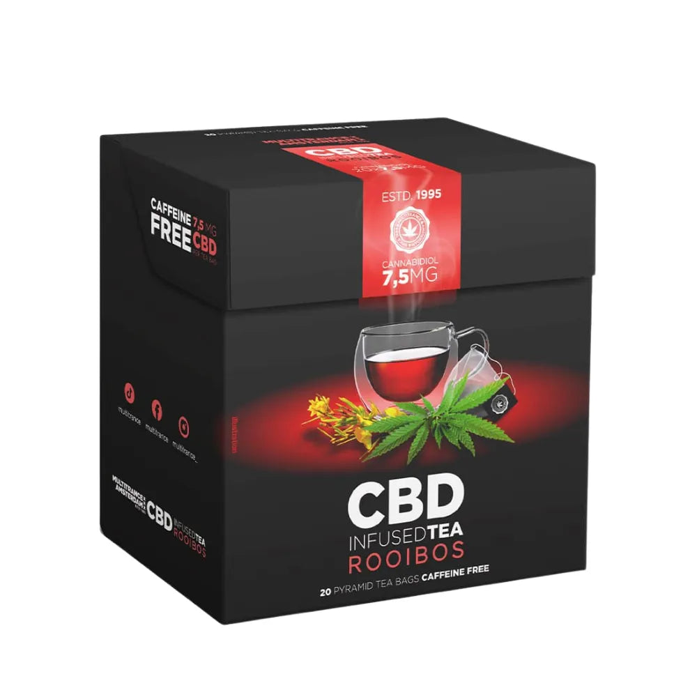 CBD infused tea box with tea bag packaging on a white background