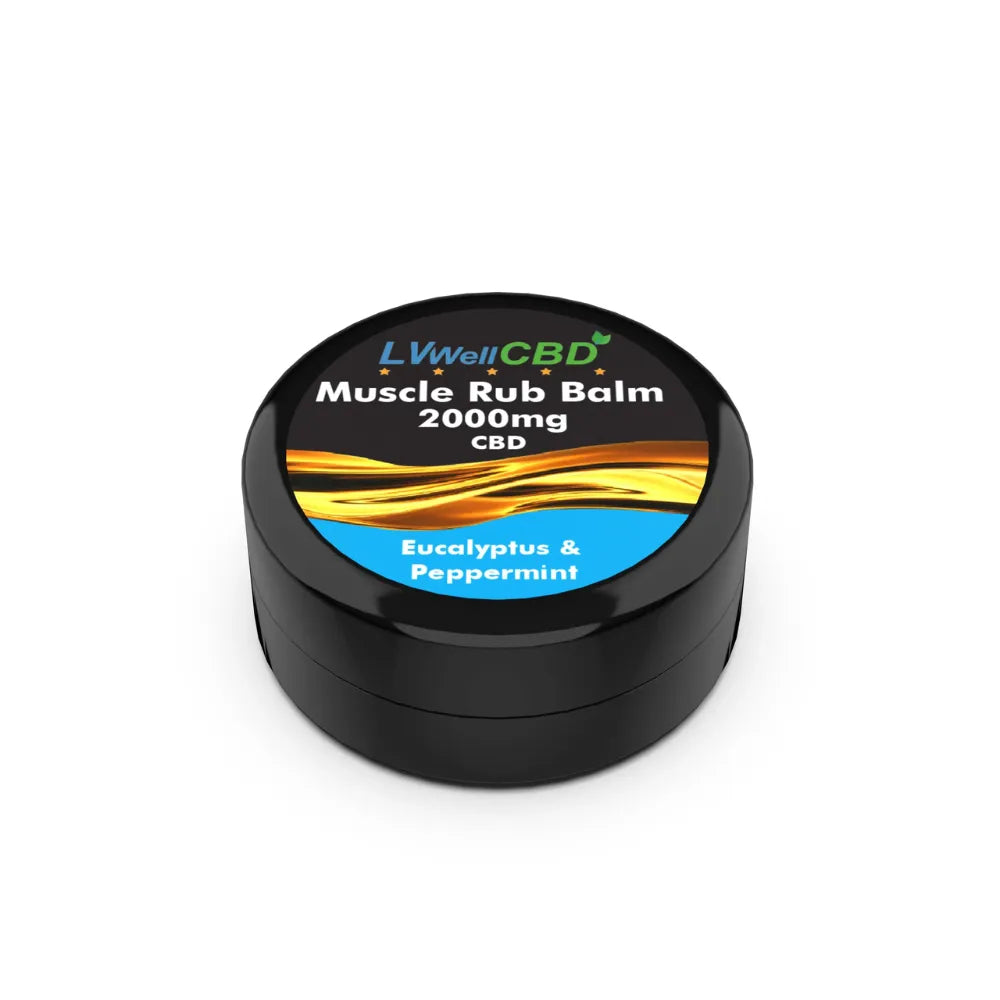 Black container of LWell CBD Muscle Rub Balm 2000mg eucalyptus and peppermint on a white background