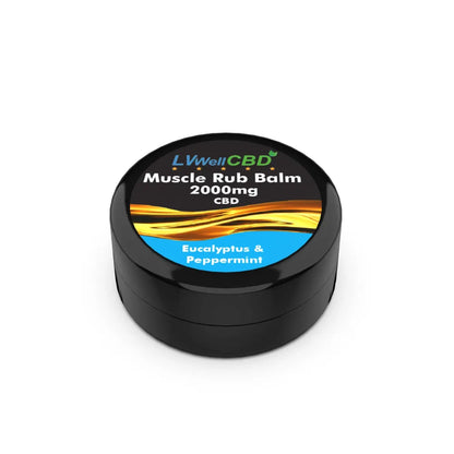 Black container of LWell CBD Muscle Rub Balm 2000mg eucalyptus and peppermint on a white background