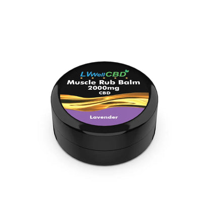 Black container of LWell CBD Muscle Rub Balm 2000mg lavender on a white background