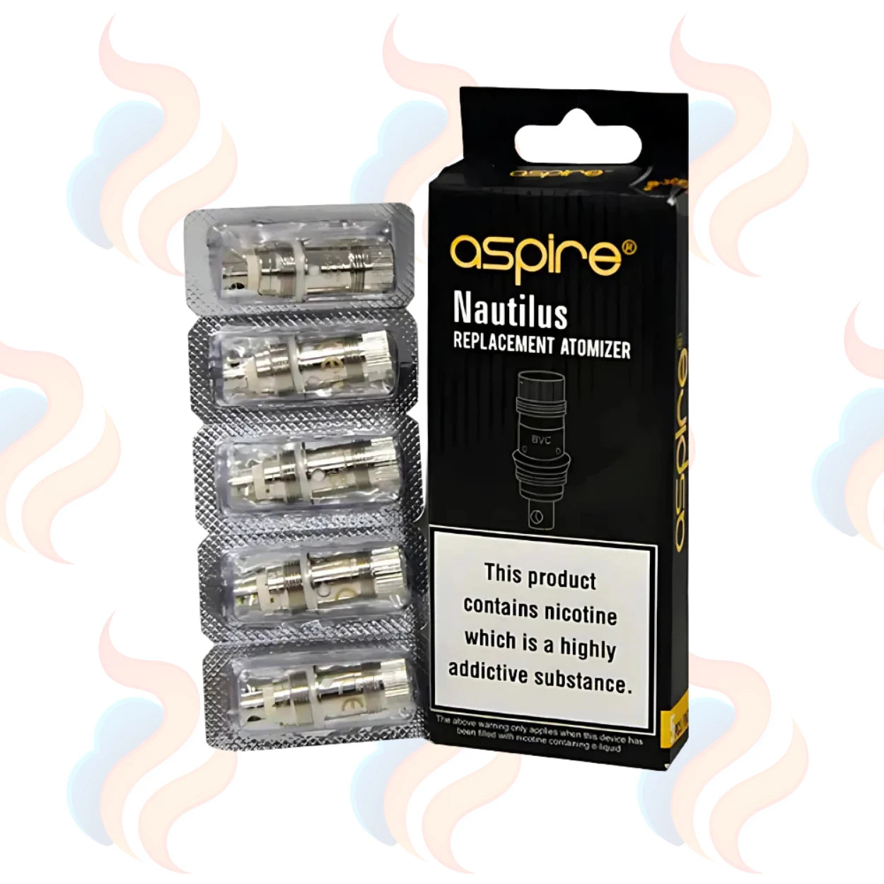 Aspire Nautilus replacement atomizer packaging with clear atomizers inside on a white background
