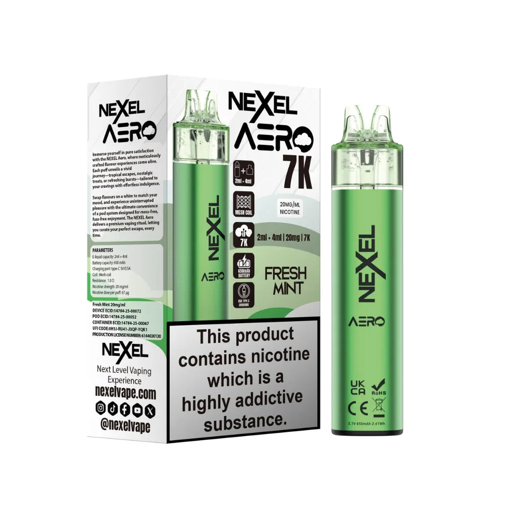 Nexel Aero Fresh Mint vaping device and packaging on a white background