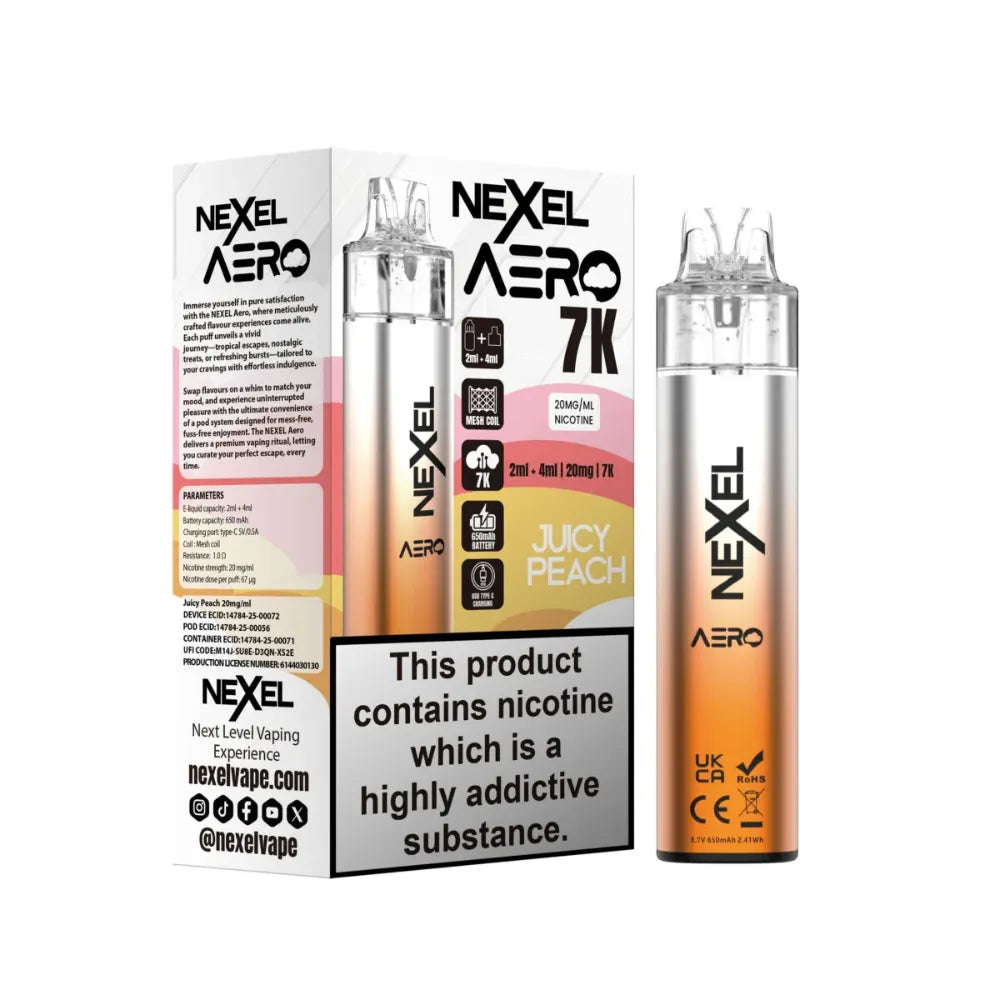 Nexel Aero Juicy Peach vaping device and packaging on a white background