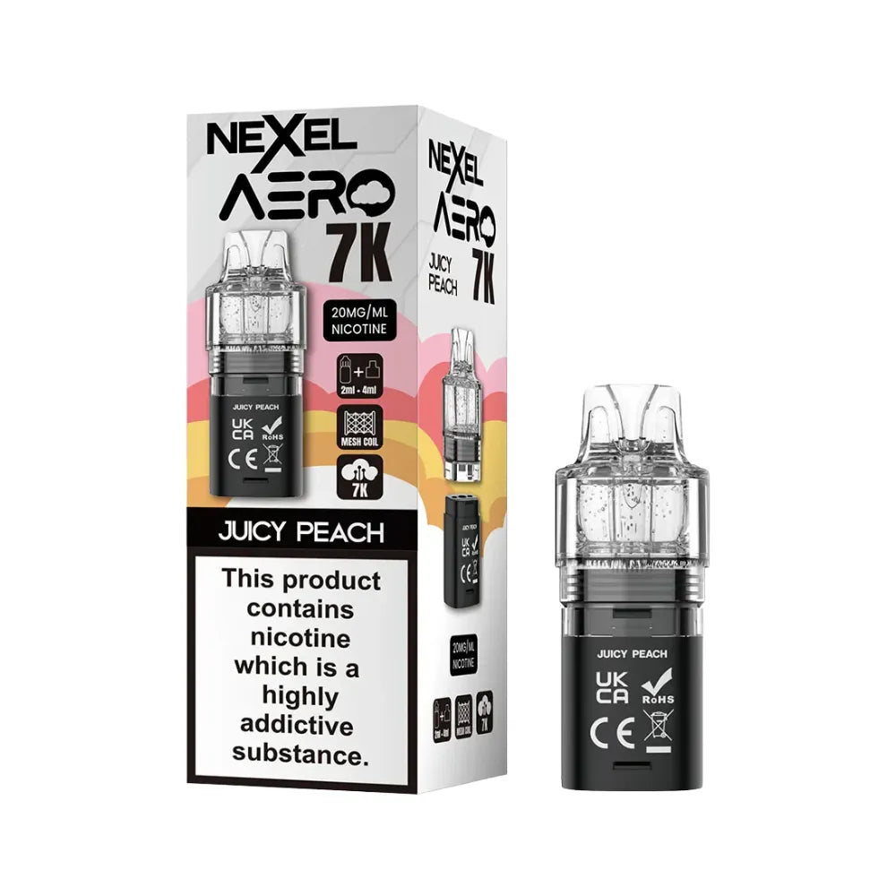 Nexcel Aero 7K pod and packaging with Juicy Peach flavour on a white background