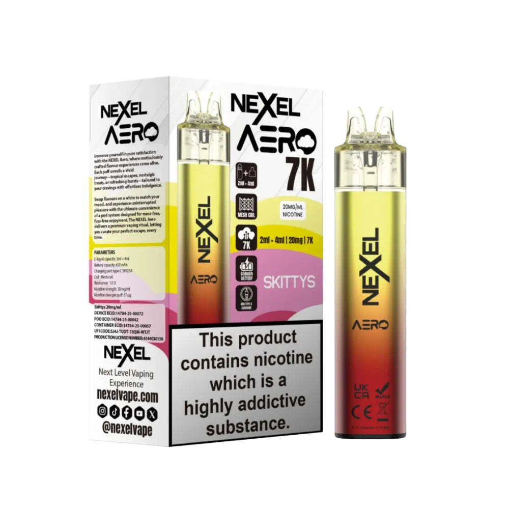 Nexel Aero Skittys vaping device and packaging on a white background