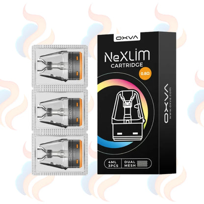 OXVA NexLim 0.8 cartridge packaging with three cartridges on a white background