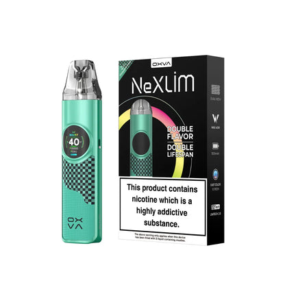 OXVA Nexlim pod kit in "Chequered Green" colour with packaging on a white background