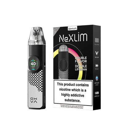 OXVA Nexlim pod kit in "Chequered Grey" colour with packaging on a white background