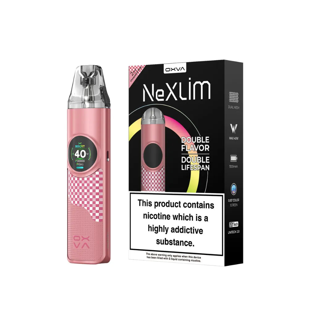 OXVA Nexlim pod kit in "Chequered pink" colour with packaging on a white background