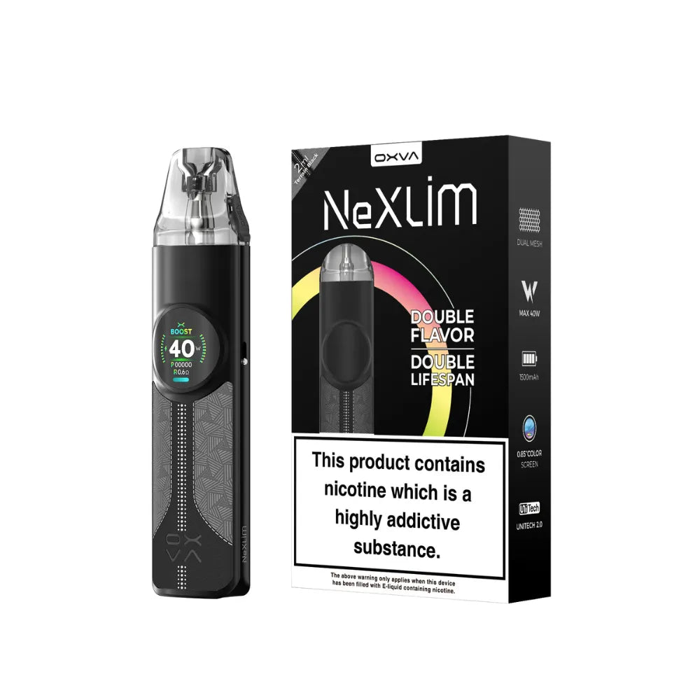 OXVA Nexlim pod kit in "Terrain Black" colour with packaging on a white background