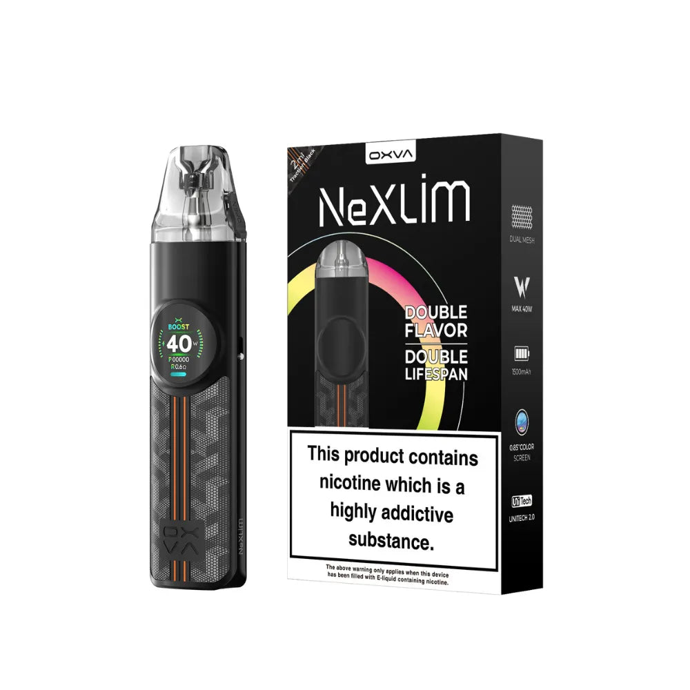 OXVA Nexlim pod kit in "traction black" colour with packaging on a white background