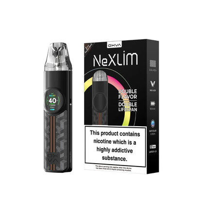 OXVA Nexlim pod kit in "traction black" colour with packaging on a white background