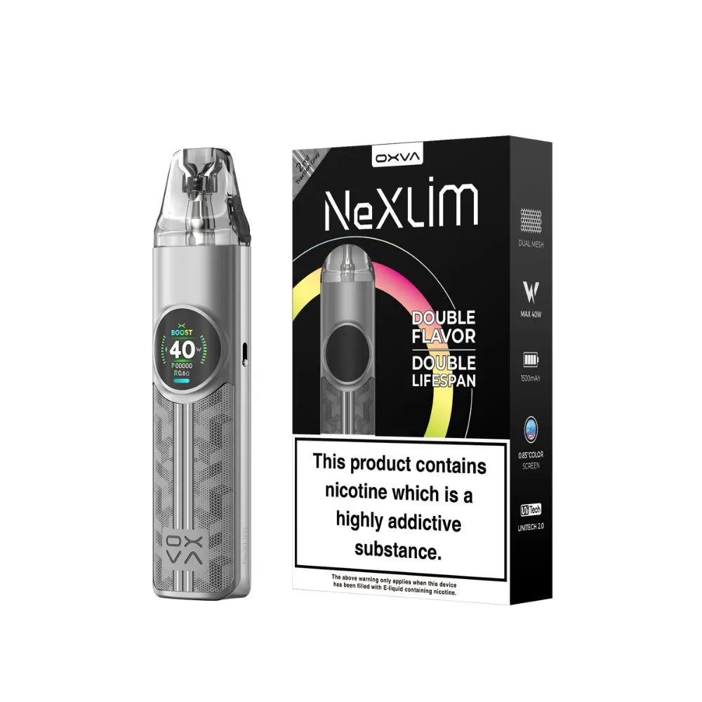 OXVA Nexlim pod kit in "Traction grey" colour with packaging on a white background