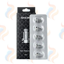 Smok Nord brand vape coils packaging with five silver coils in a clear blister pack on a white background.