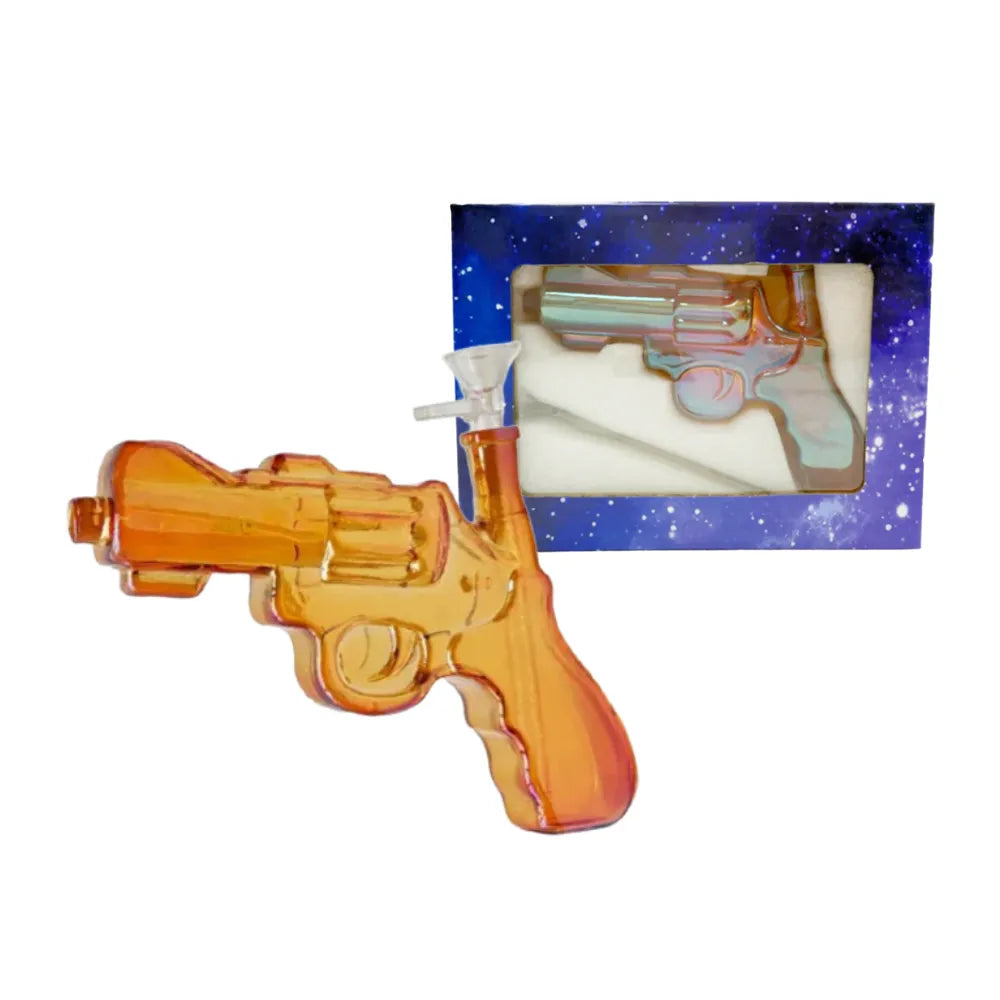 A gold-metallic pistol inspired waterpipe with packaging on a white background