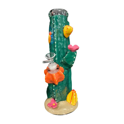 Colourful novelty glass waterpipe with an cactus-inspired design on a white background