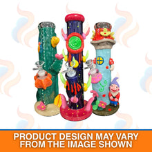 Three colourful cartoon-themed glass waterpipes on a white background