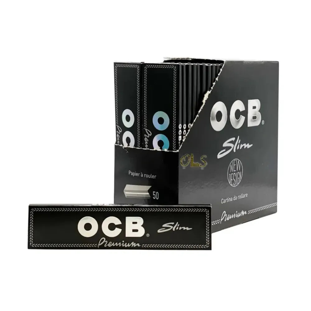 OCB slim rolling paper packaging including 50 packs on a white background