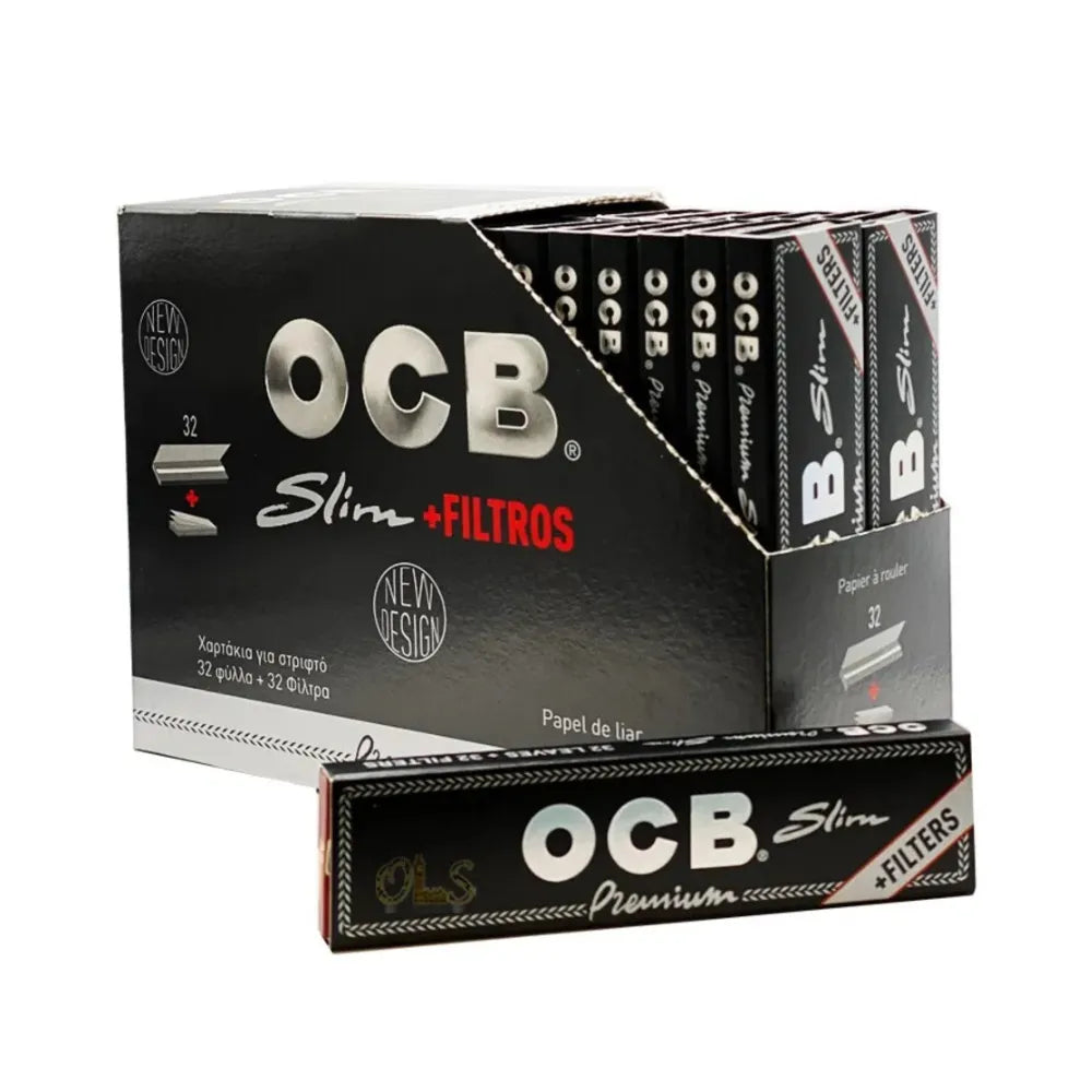 Box of 32 OCB slim rolling papers and filters packaging on a white background