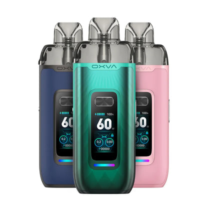 Three OXVA VPRIME vaping devices in blue, green, and pink on a white background
