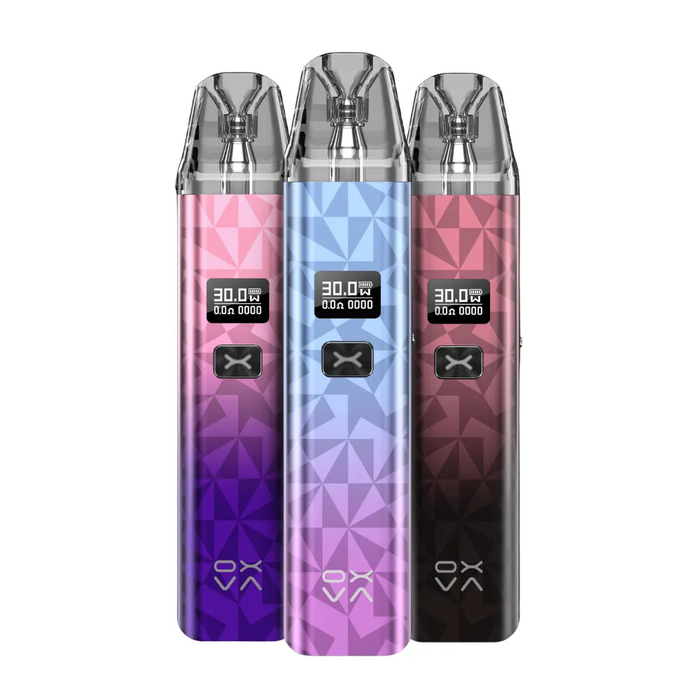 Three oxva xlim classic vapes with geometric patterns on a white background