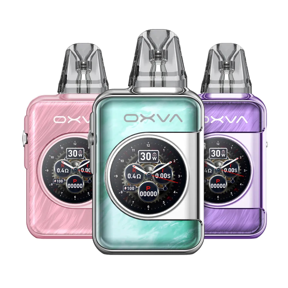 OXVA electronic device with digital display in pink, green, and purple on a white background