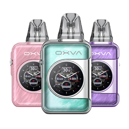 OXVA electronic device with digital display in pink, green, and purple on a white background