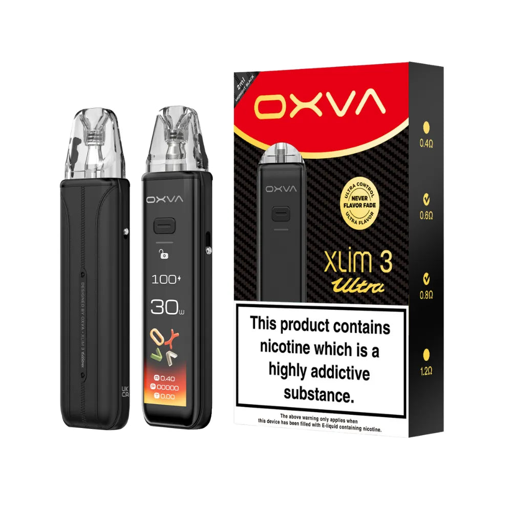 Two OXVA Xlim 3 Ultra in the colour "Midnight Black" with a LED screen beside black and red packaging on a white background.