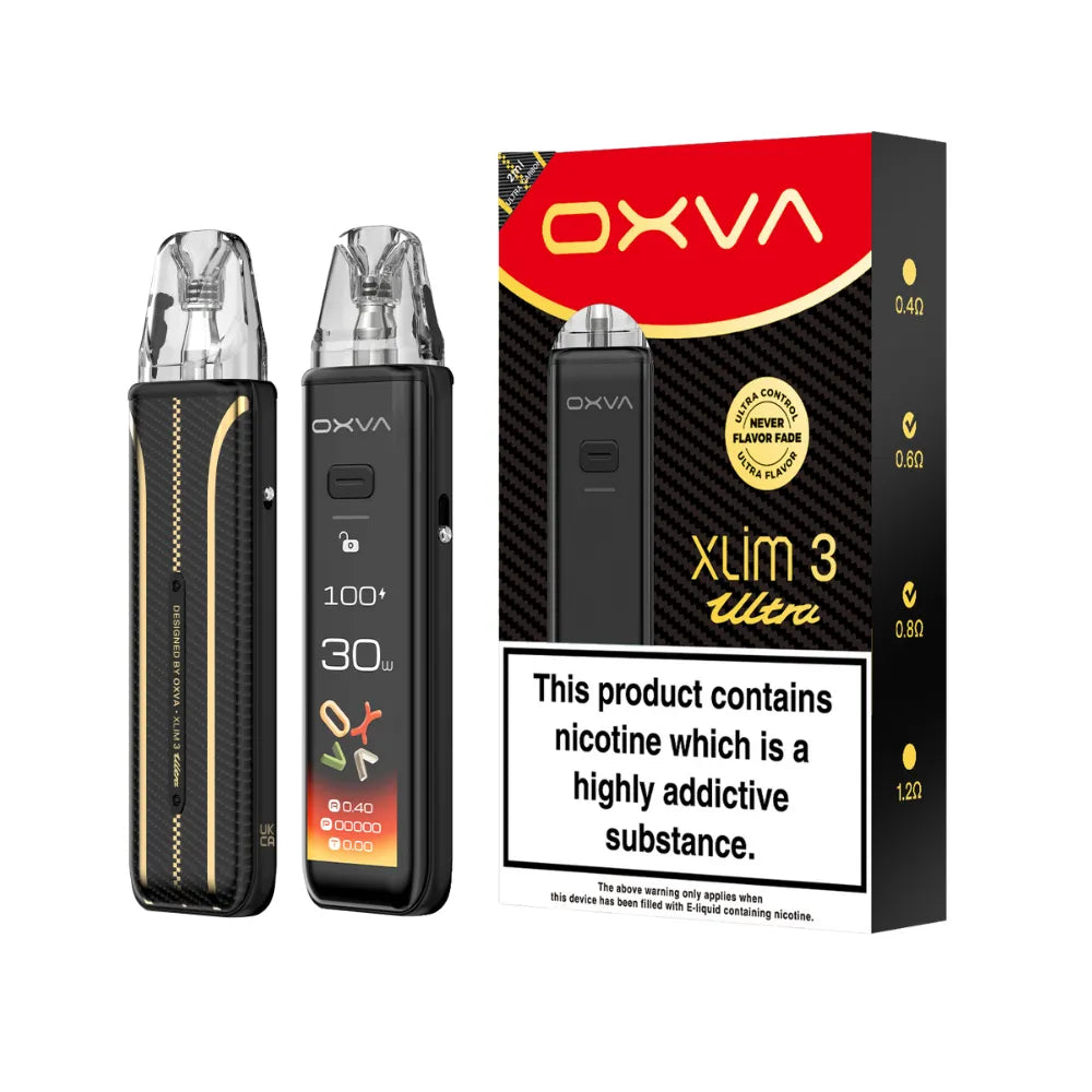 Two OXVA Xlim 3 Ultra in the colour "Ultra Carbon" with a LED screen beside black and red packaging on a white background.