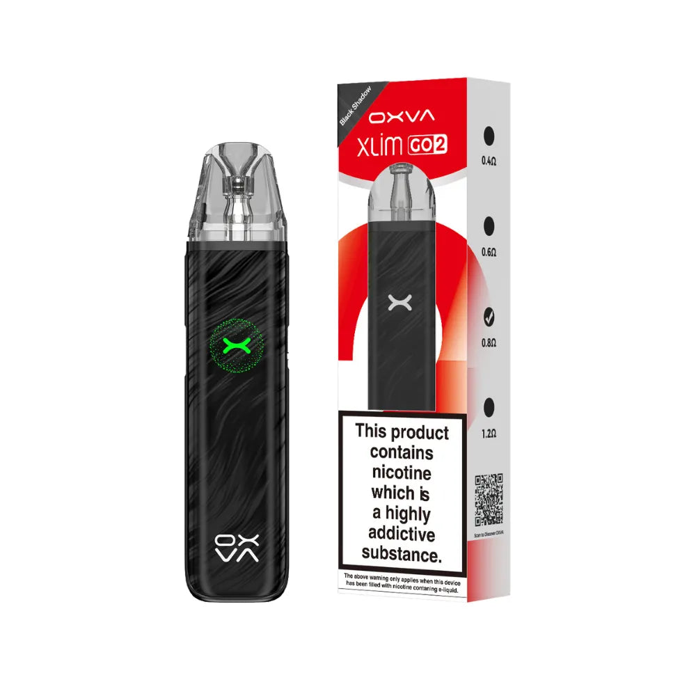 OXVA vaping device and packaging on a white background