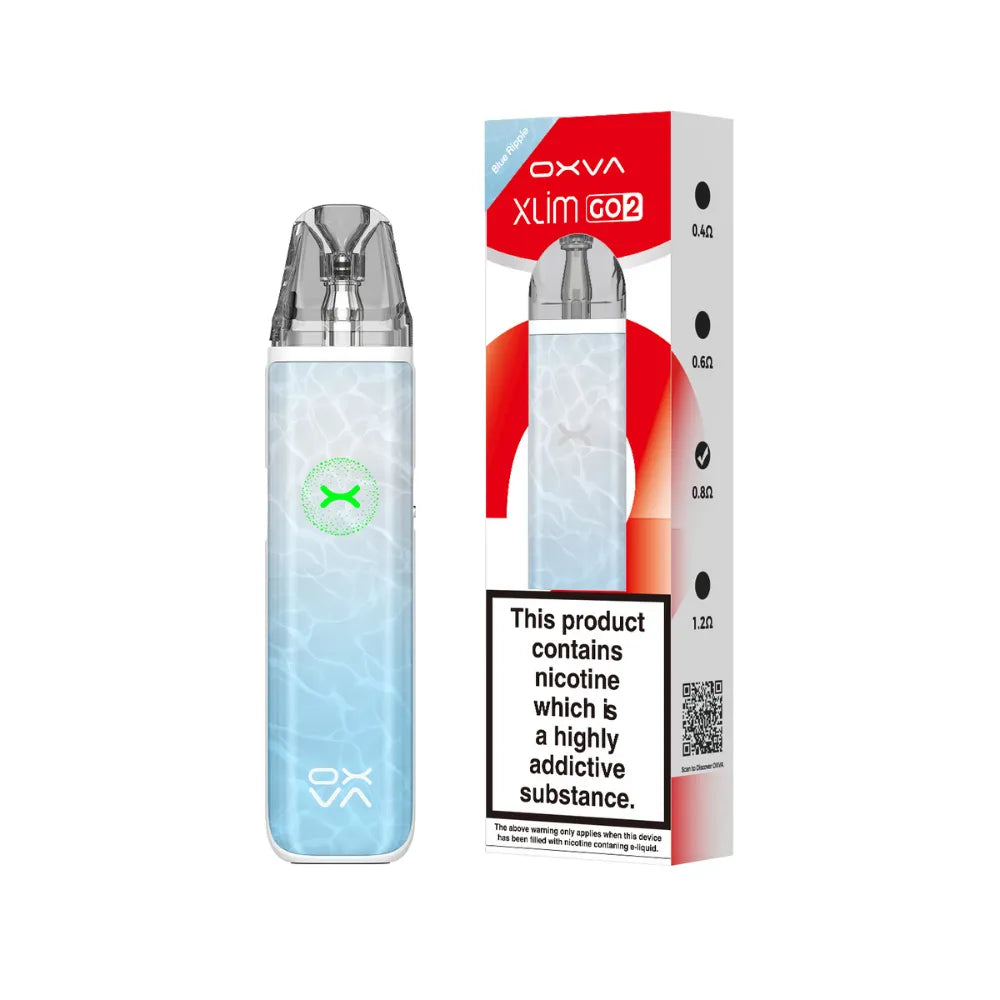OXVA Xlim Go2 vape device and packaging on a white background