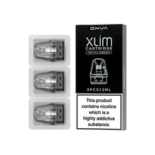 OXVA Xlim cartridge packaging with three clear cartridges and a black label on a white background.